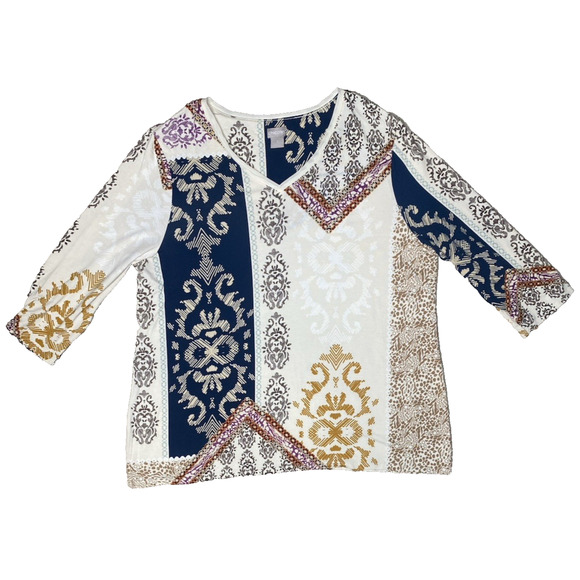 Chicos Blouse Womens Size 3 US 16 Blue & Cream Career Office Pullover Shirt Top - Picture 9 of 9